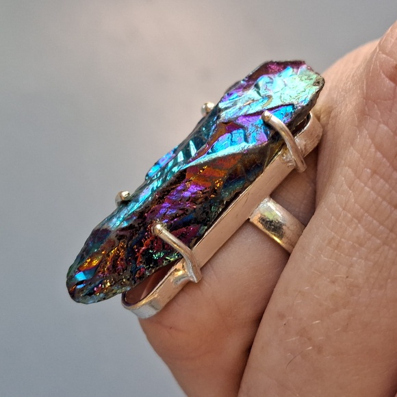 New Rainbow Titanium Crystal Quartz 925 Silver Statement Ring. - Picture 9 of 16